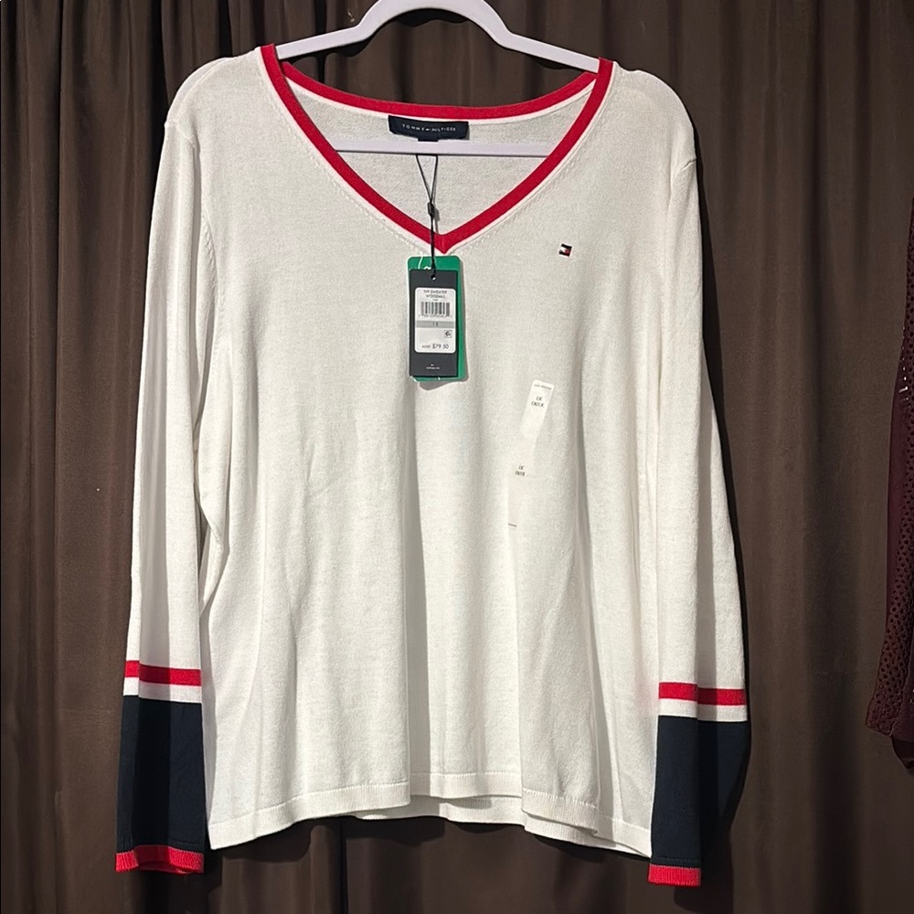 Tommy Hilfiger White V-Neck Sweater with Red and Navy Accents